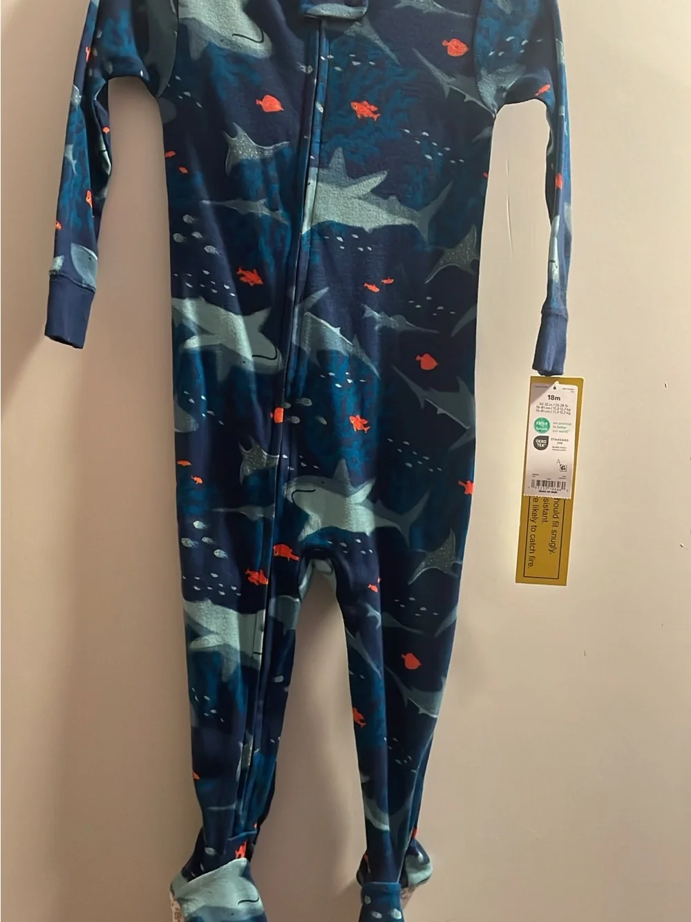 Kids Shark Print Footed One-Piece Pajama - Navy Blue
